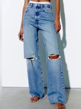 Zara TRF Ripped Wide-Leg Jeans in mid-blue